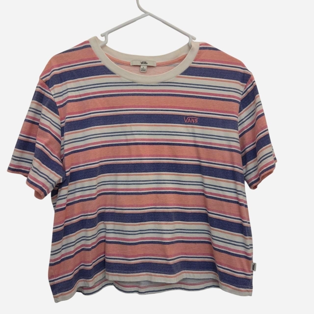 Vans Women's Pink, Navy & White Striped Short Sleeve Tee